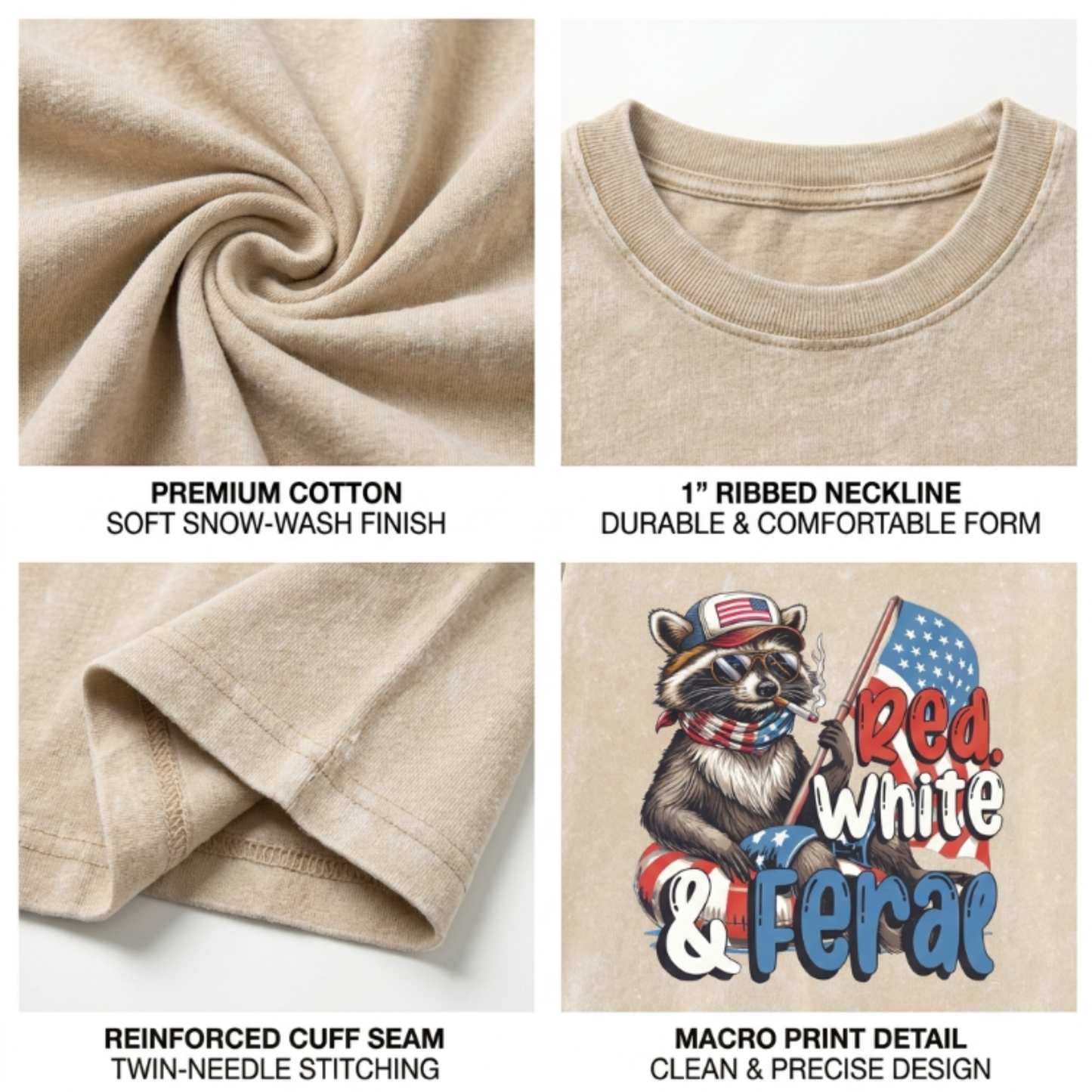 Chaoticclub 250th Red White Feral & Free Raccoon Washed T-Shirt