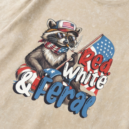 Chaoticclub 250th Red White Feral & Free Raccoon Washed T-Shirt