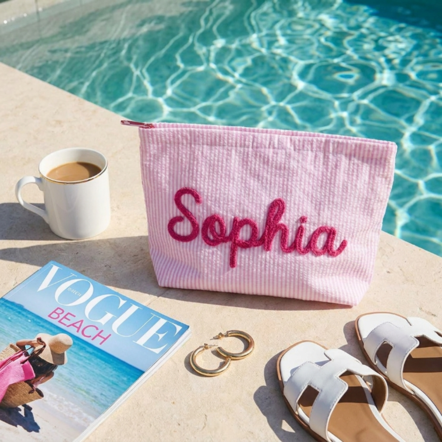 Personalized Embroidered Corduroy Vacation Travel Seersucker Makeup Bag