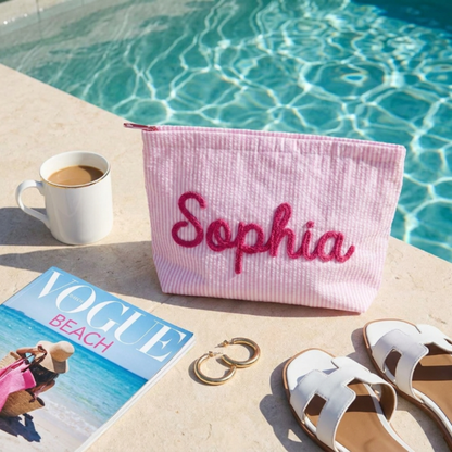 Personalized Embroidered Corduroy Vacation Travel Seersucker Makeup Bag