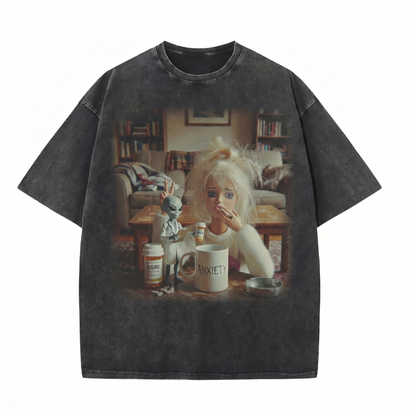 Chaoticclub Anxiety Doll Girl Alien Funny Meme Washed T-Shirt