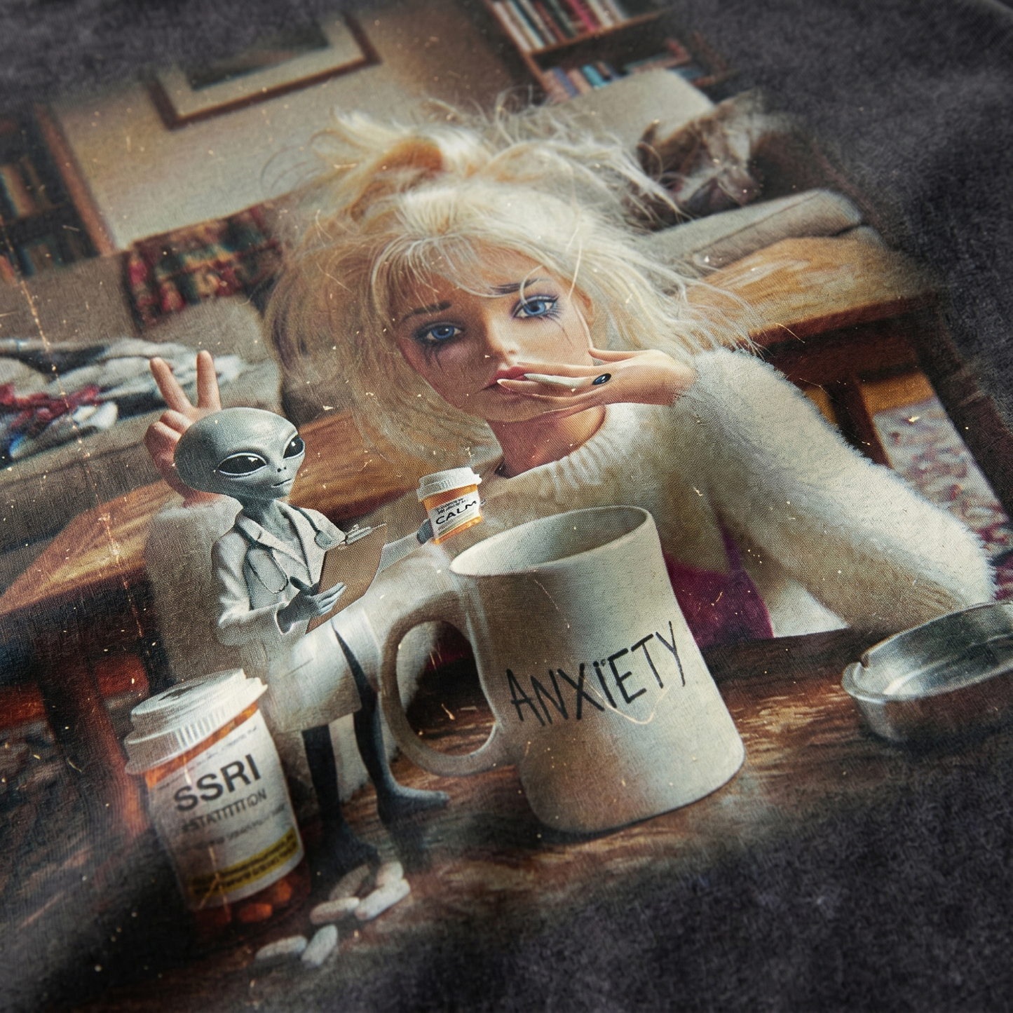 Chaoticclub Anxiety Doll Girl Alien Funny Meme Washed T-Shirt
