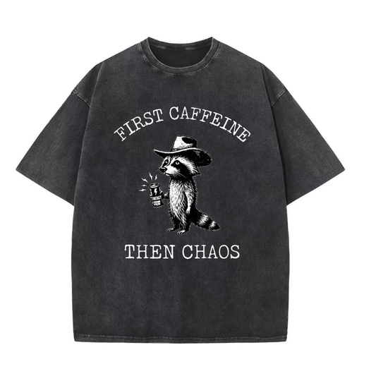 Chaoticclub First Caffeine The Chaos Raccoon Wash T-shirt