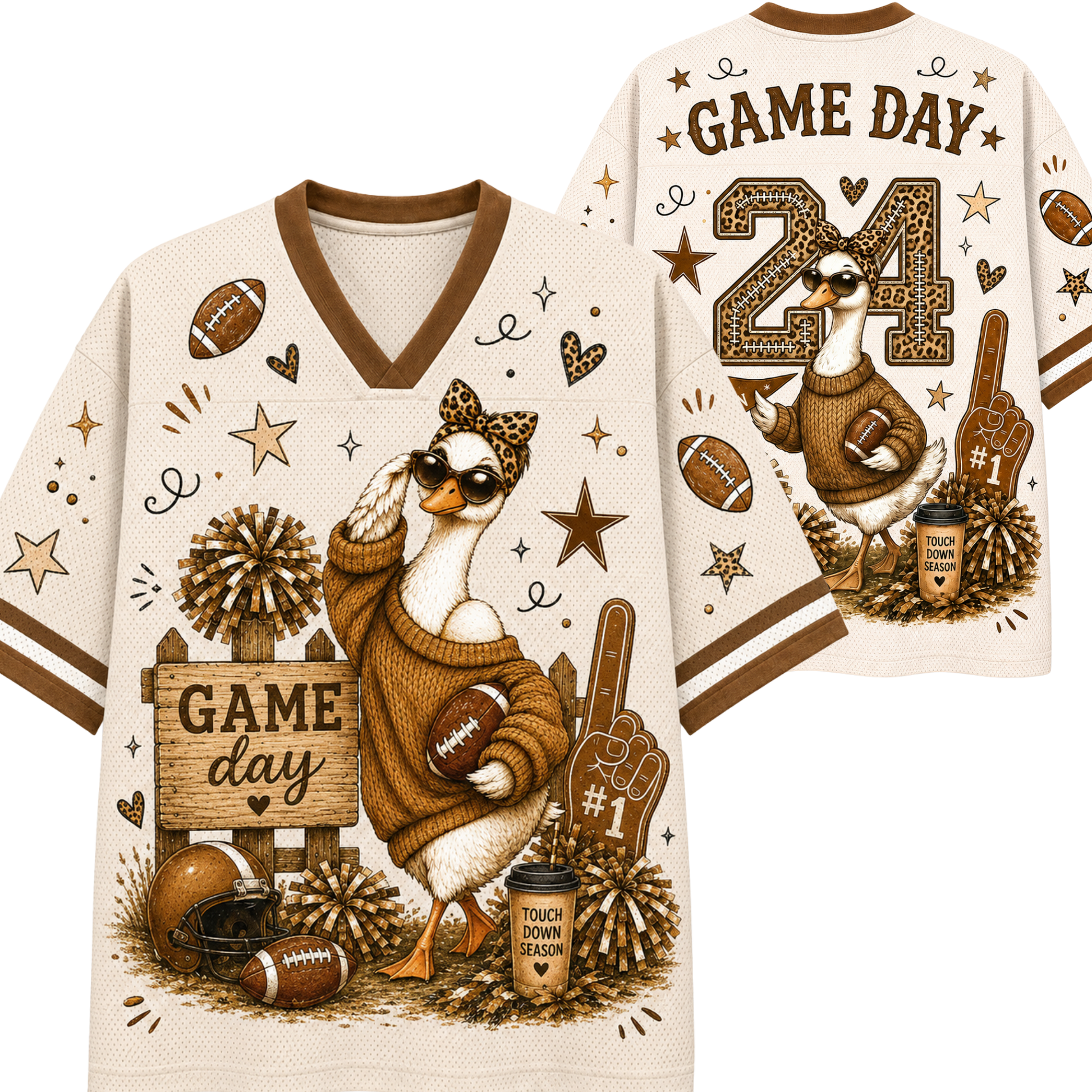 A cream-colored football jersey shown from both front and back, featuring a cartoon duck wearing sunglasses and a leopard-print bow, holding a football and a foam finger, with 'GAME DAY' and the number '24' printed in brown and leopard-print accents.