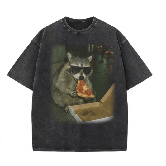 ChaoticClub Meme Raccoon Eating Pizza Washed T-Shirt