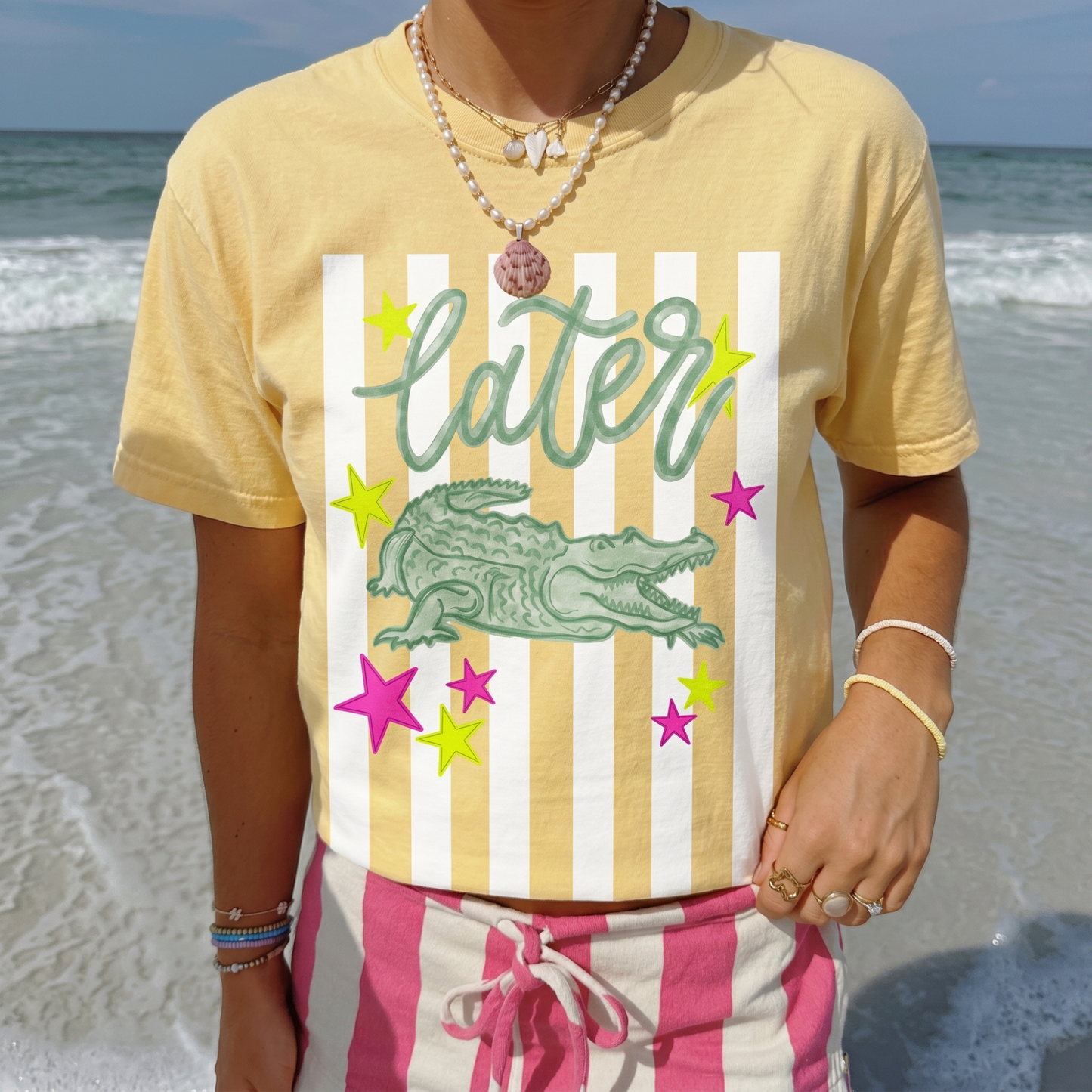 ChaoticClub Summer Stripes Later Gator Neon T-Shirt