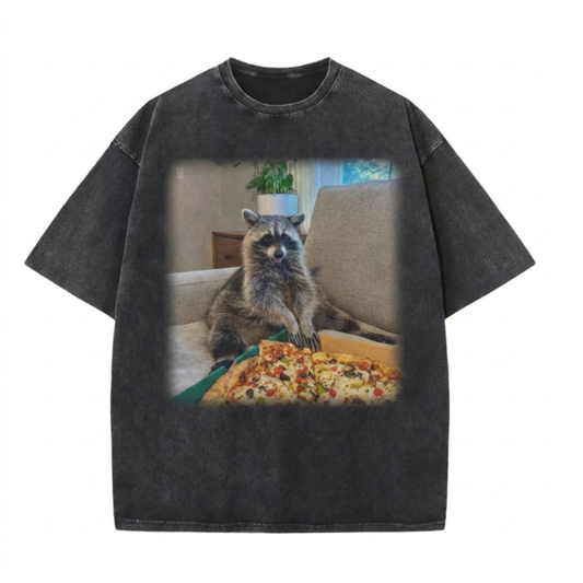ChaoticClub Meme Raccoon With Pizza Washed T-Shirt