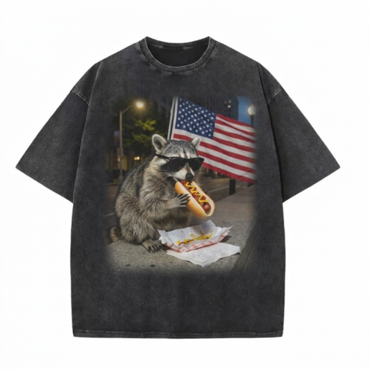 ChaoticClub Meme Raccoon Hotdog & Freedom Washed T-Shirt
