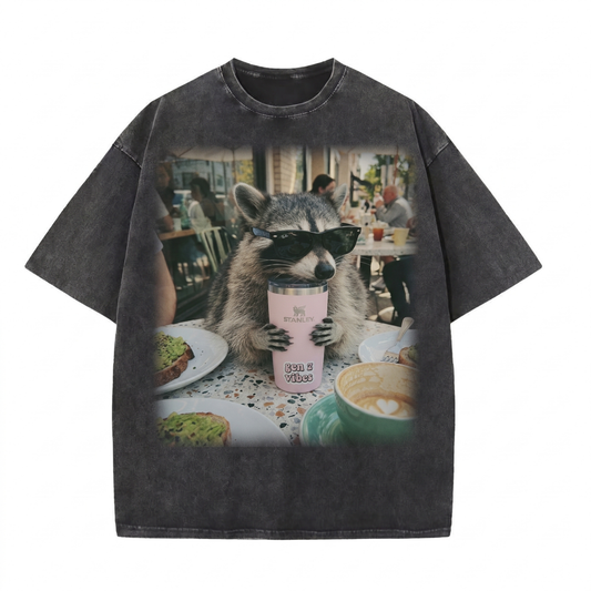 ChaoticClub Genz Vibes Raccoon Drinking Washed T-Shirt