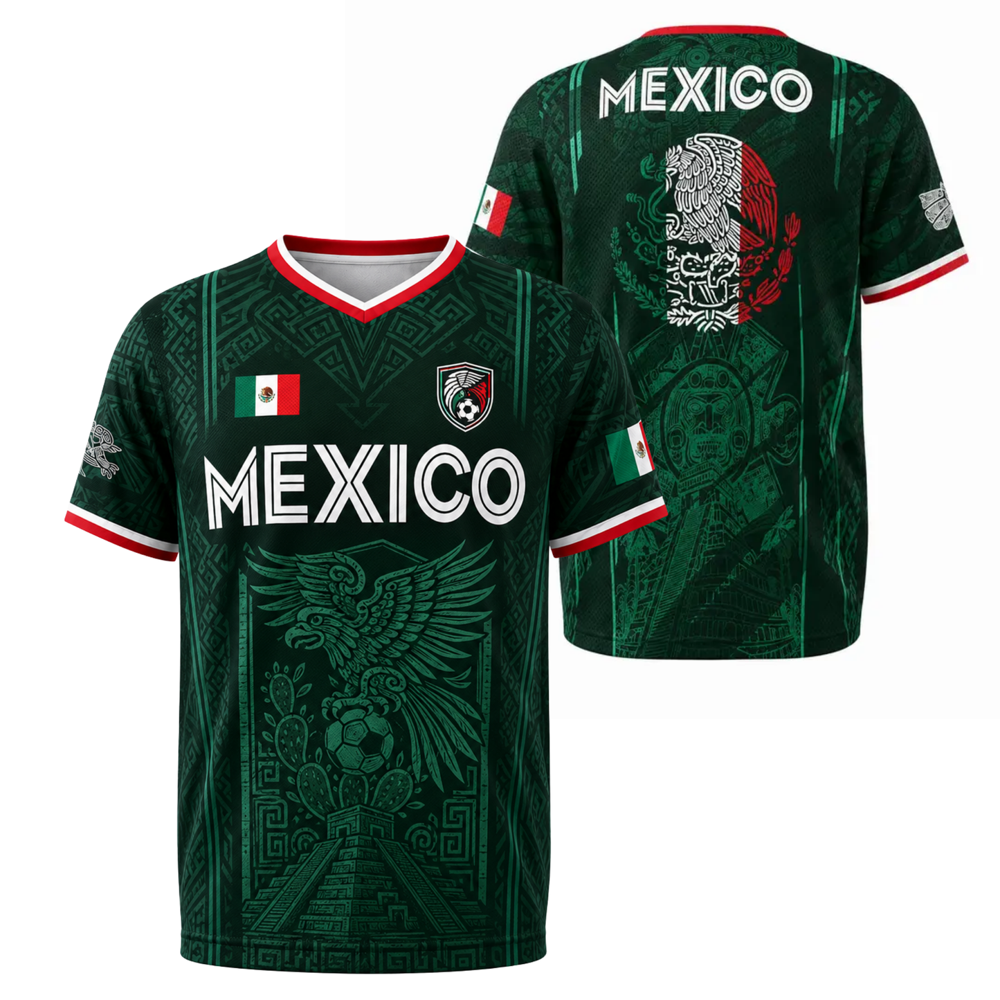 Dark green ChaoticClub Traditional Mexico Culture Soccer Jersey featuring a striking Aztec calendar stone, an eagle head, and bold red, white, and green side stripes.