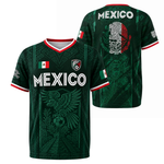 Dark green ChaoticClub Traditional Mexico Culture Soccer Jersey featuring a striking Aztec calendar stone, an eagle head, and bold red, white, and green side stripes.