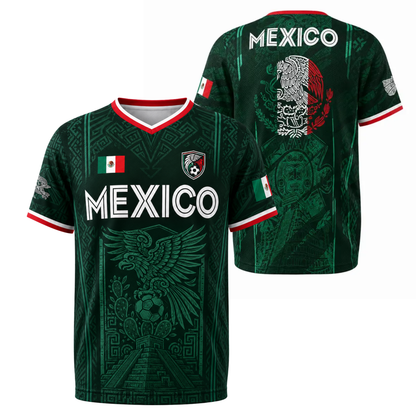 Dark green ChaoticClub Traditional Mexico Culture Soccer Jersey featuring a striking Aztec calendar stone, an eagle head, and bold red, white, and green side stripes.