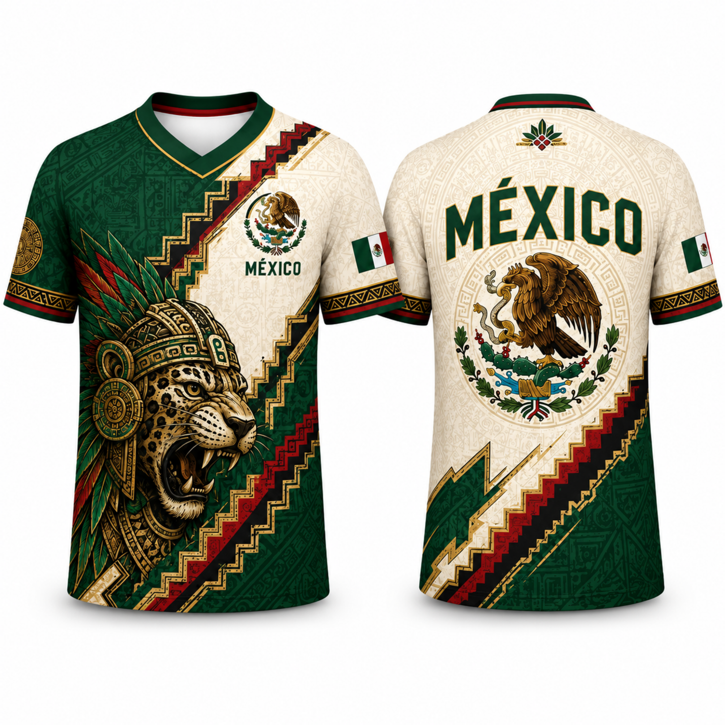 Cream and green ChaoticClub Traditional Mexico Culture Soccer Jersey displaying a detailed Aztec Jaguar warrior headdress and classic geometric patterns.
