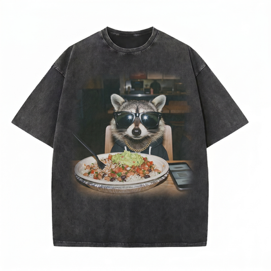 ChaoticClub Meme Raccoon Eatting Salad Washed T-Shirt