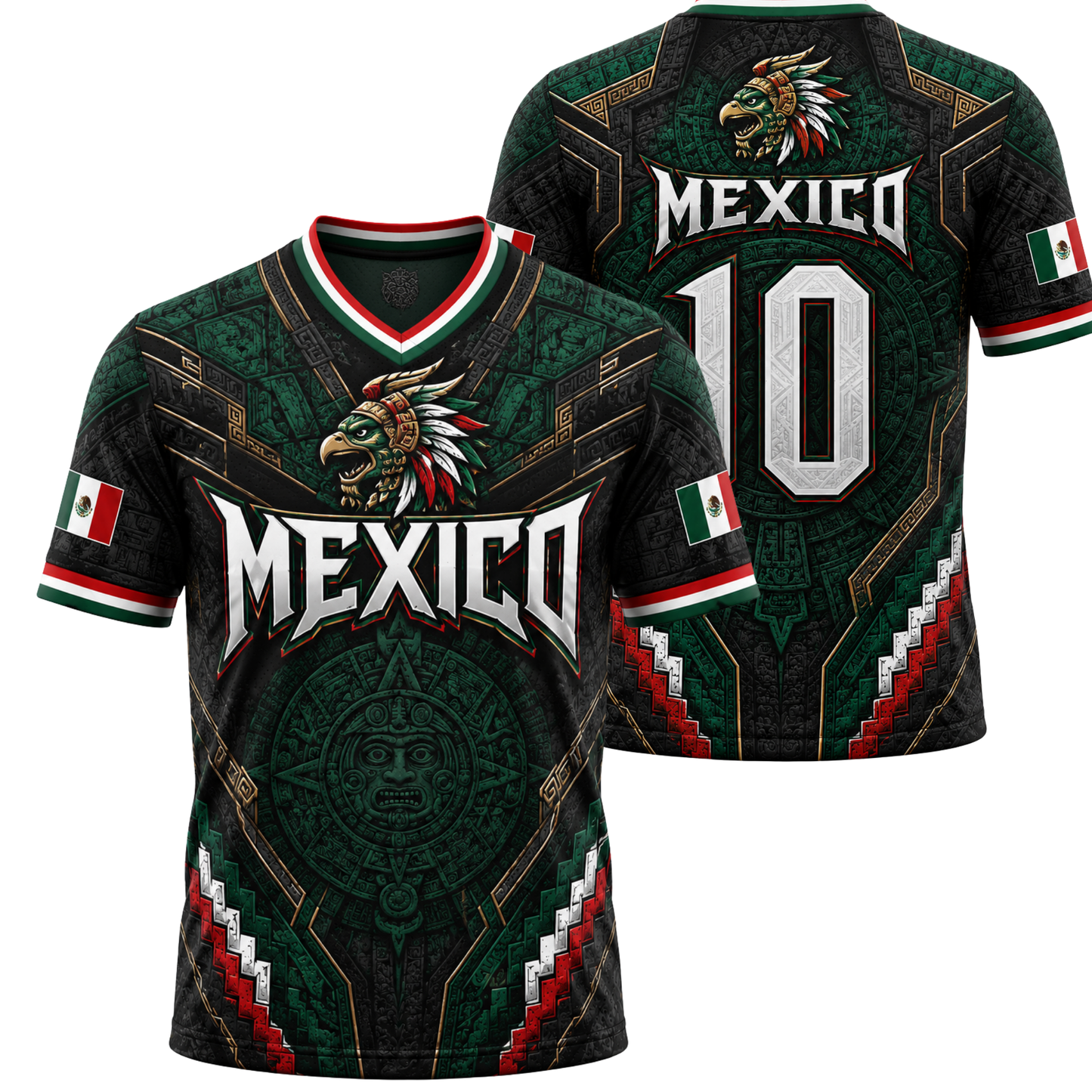 ChaoticClub Traditional Mexico Culture Soccer Jersey in dark green, featuring an intricate Aztec eagle, pyramid graphics, and traditional patterns.