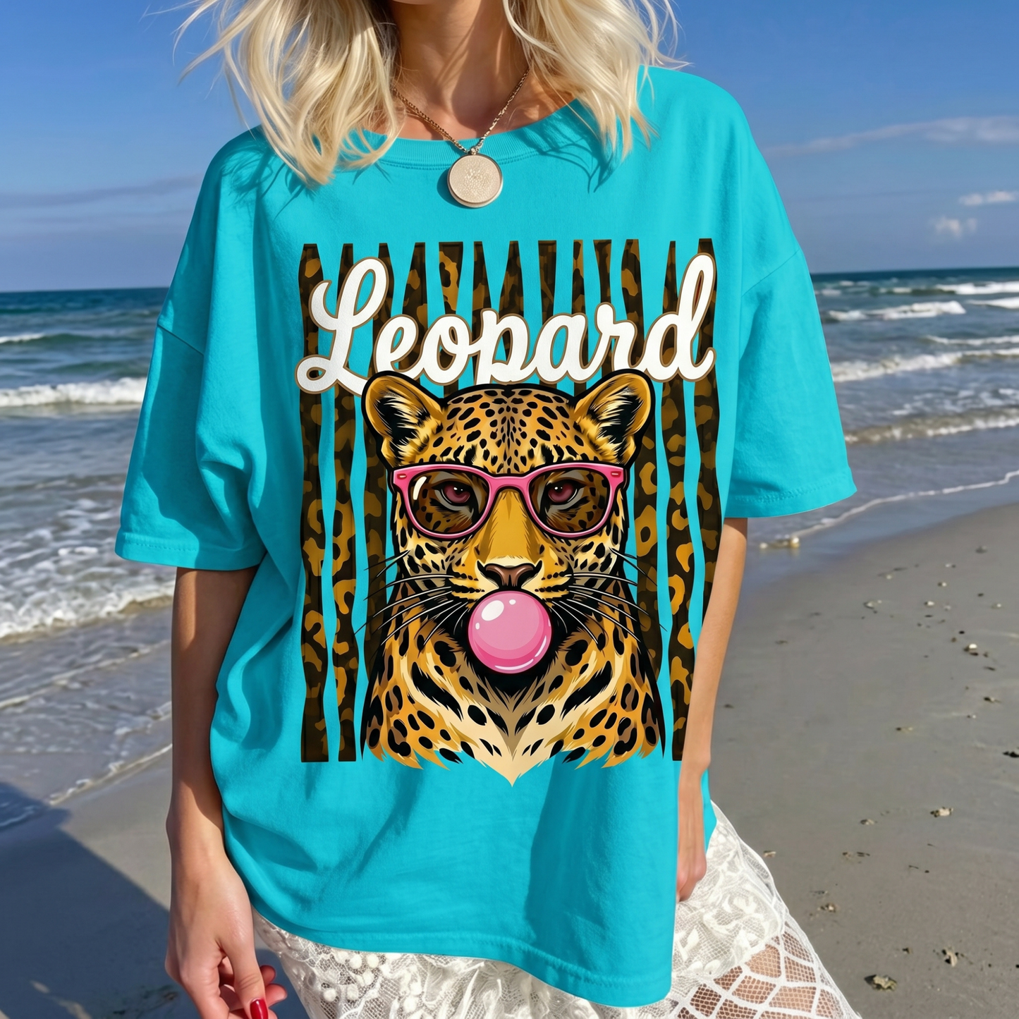 ChaoticClub Summer Leopard Stars Bubblegum Neon T-Shirt