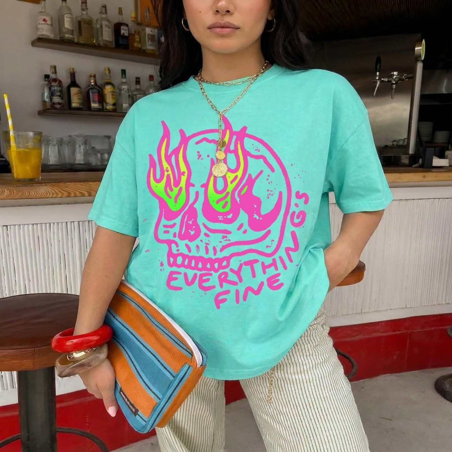 ChaoticClub Everything Is Fine Skull Neon Summer T-shirt