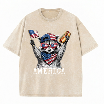 Chaoticclub USA Feral & Free Patriotic Raccoon Washed T-Shirt