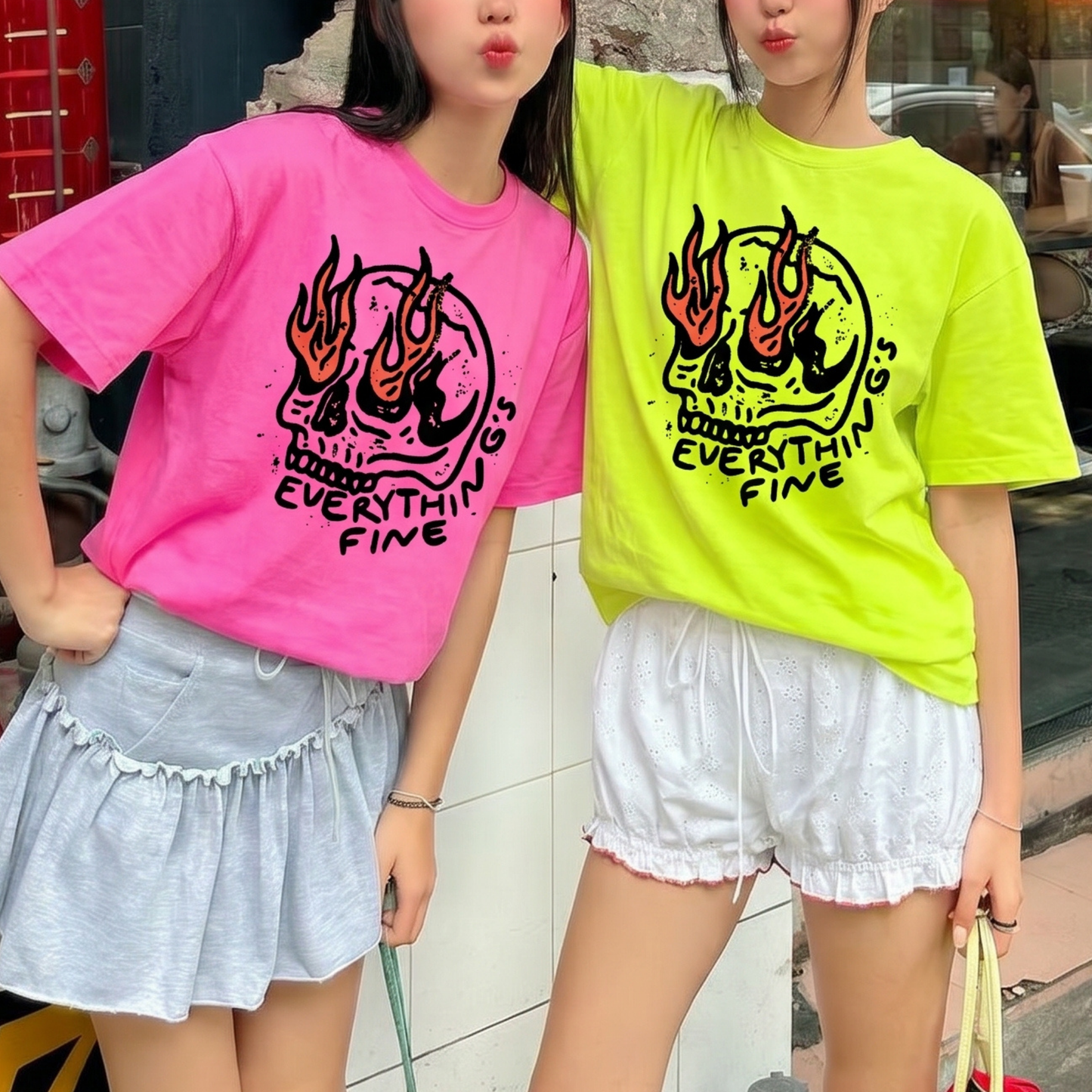 ChaoticClub Everything Is Fine Skull Neon Summer T-shirt