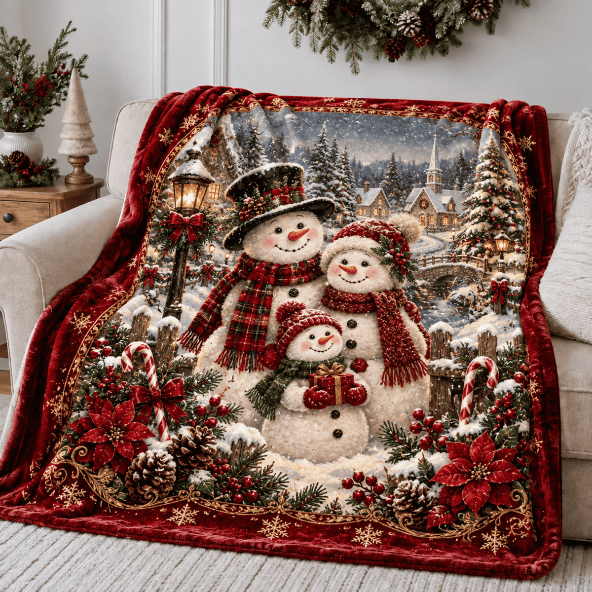 Chaotic Club Vintage Snowman Family Fleece Blanket