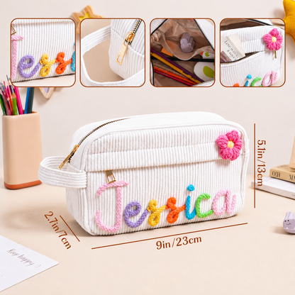 Personalized Embroidered Corduroy Pencil Case Custom Name Back to School Gift - Breathable Mesh Fabric Detail