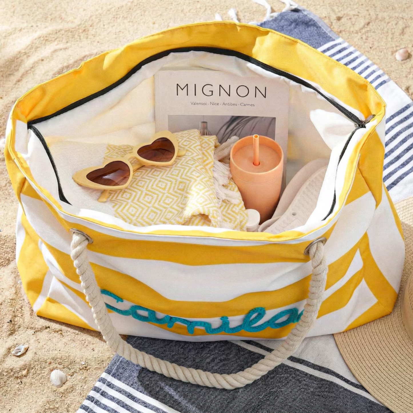 Personalized Embroidered Beach Tote Bag Striped Canvas Tote