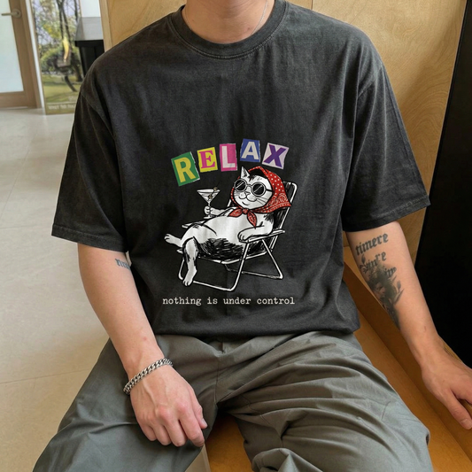 ChaoticClub Relax Nothing Is Under Control Cat Washed T-Shirt