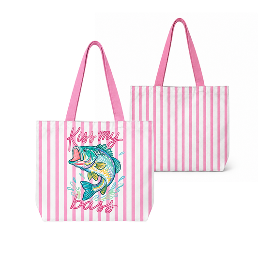 Fish Kiss My Bass Summer Striped Beach Tote Bag
