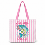 Fish Kiss My Bass Summer Striped Beach Tote Bag