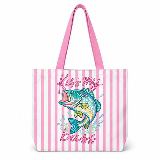 Fish Kiss My Bass Summer Striped Beach Tote Bag