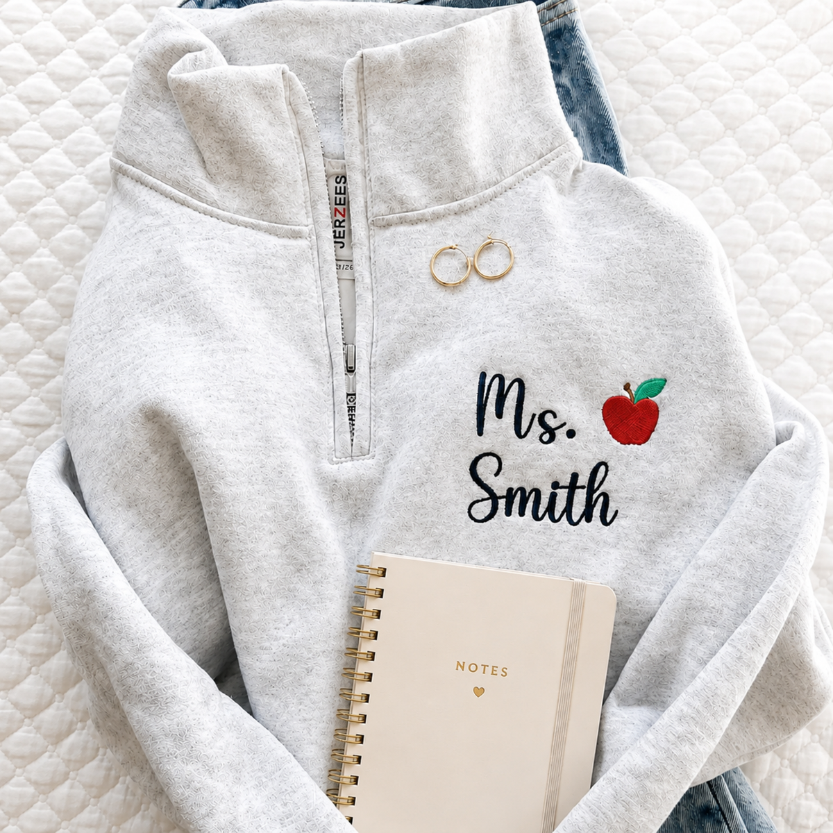 Chaotic Club Embroided Custom Teacher Name Red Apple Quarter Zip Sweatshirt