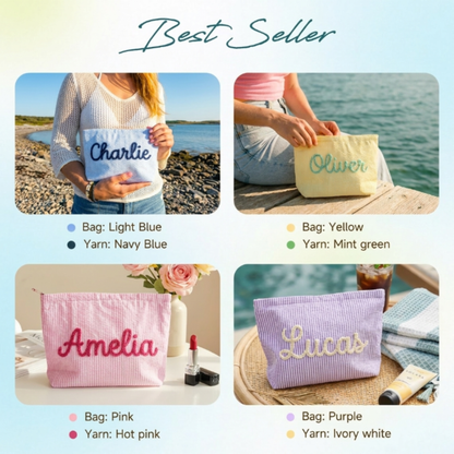Personalized Embroidered Corduroy Vacation Travel Seersucker Makeup Bag