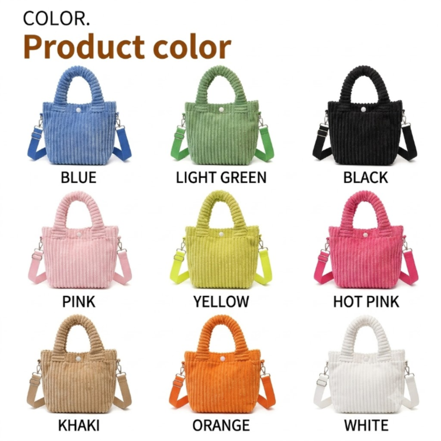 A color-options grid showing the same corduroy handbag in nine colors: blue, light green, black, pink, yellow, hot pink, khaki, orange, and white. Each bag is shown front-facing with a top handle and shoulder strap, and the color name is printed below.