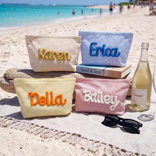 Personalized Embroidered Corduroy Vacation Travel Seersucker Makeup Bag