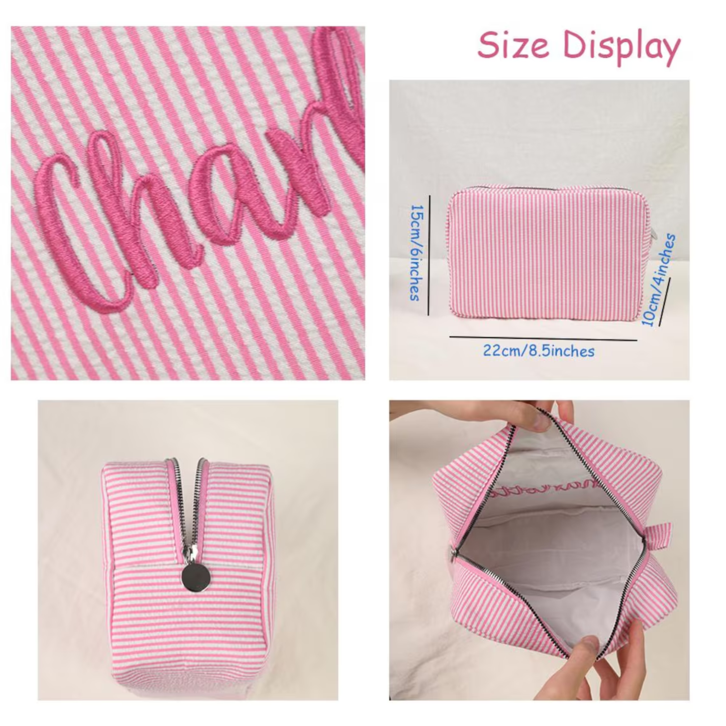 Personalized Embroidered Striped Seersucker Makeup Bag