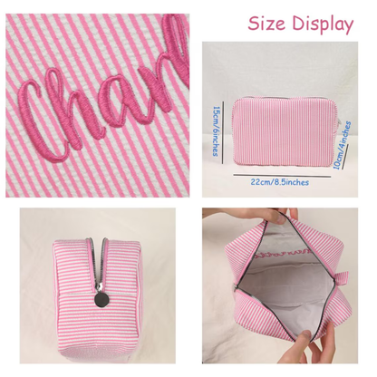 Personalized Embroidered Striped Seersucker Makeup Bag