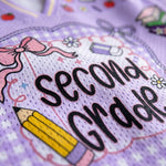 ChaoticClub mesh jersey close up showing breathable Bird’s Eye Pique fabric with pastel purple gingham stripes and high-quality print of school graphics
