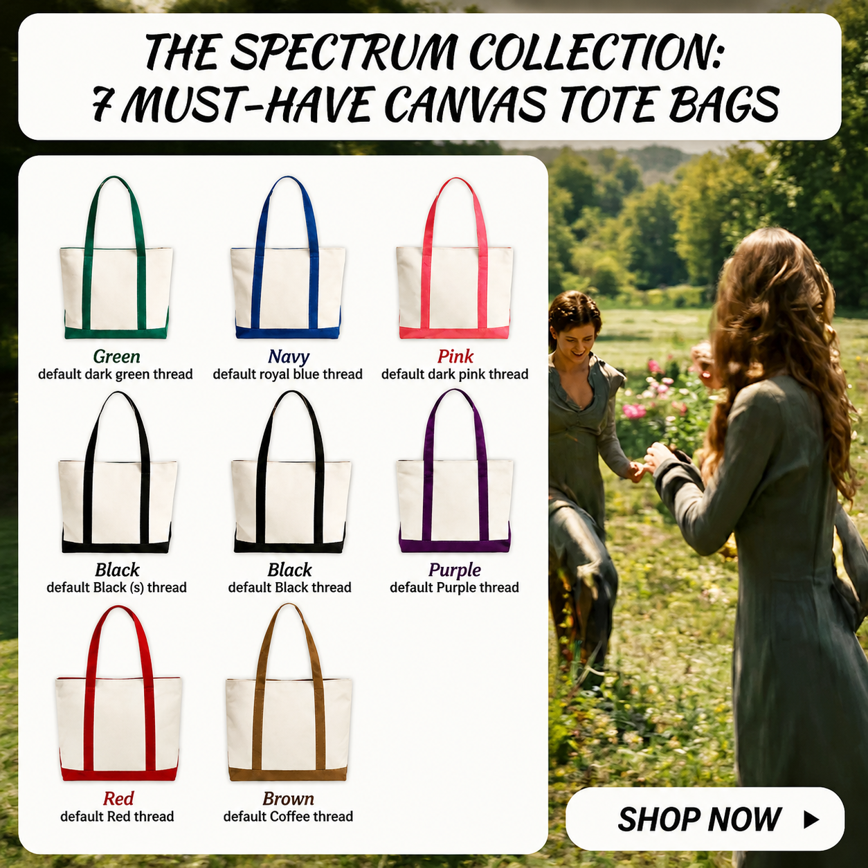Canvas tote bags in various colors with a scenic background of people in a field.
