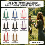 Canvas tote bags in various colors with a scenic background of people in a field.