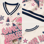 A four-panel close-up collage of a custom sports jersey. The jersey has a cream-colored base with navy blue and white striped v-neck collar, navy and pink distressed star graphics, and 'GAME DAY HALLELU' printed on the front.