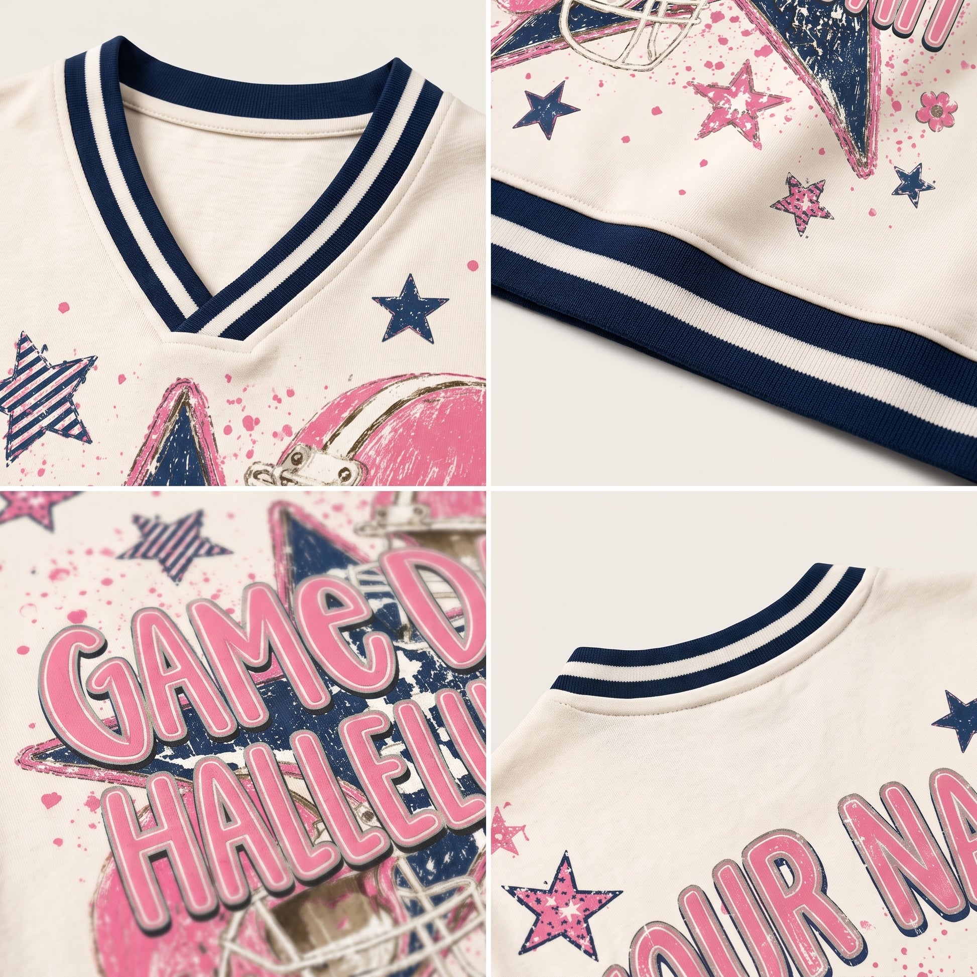A four-panel close-up collage of a custom sports jersey. The jersey has a cream-colored base with navy blue and white striped v-neck collar, navy and pink distressed star graphics, and 'GAME DAY HALLELU' printed on the front.