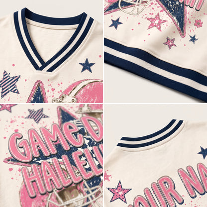 A four-panel close-up collage of a custom sports jersey. The jersey has a cream-colored base with navy blue and white striped v-neck collar, navy and pink distressed star graphics, and 'GAME DAY HALLELU' printed on the front.
