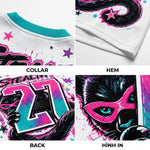 A four-panel close-up collage of a white athletic jersey, showing the collar, hem, back with a large pink and teal number 21, and a close-up of the front graphic with a cat mask and the word STEALTH.
