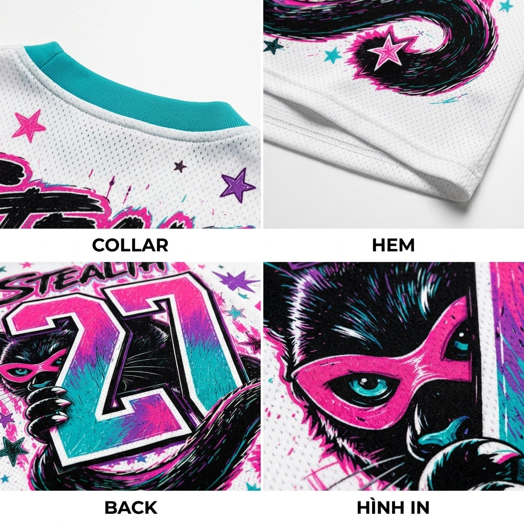 A four-panel close-up collage of a white athletic jersey, showing the collar, hem, back with a large pink and teal number 21, and a close-up of the front graphic with a cat mask and the word STEALTH.