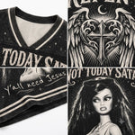 A black V-neck athletic-style shirt shown in a four-panel collage, featuring distressed graphics including the words 'TODAY SATAN', 'y'all need Jesus', and a tattoo-style heart cross with wings and a crescent moon.