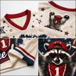 A four-panel close-up collage of a cream mesh V-neck jersey with patriotic red and navy trim, star motifs, and a raccoon graphic wearing a red cap and heart-shaped sunglasses.