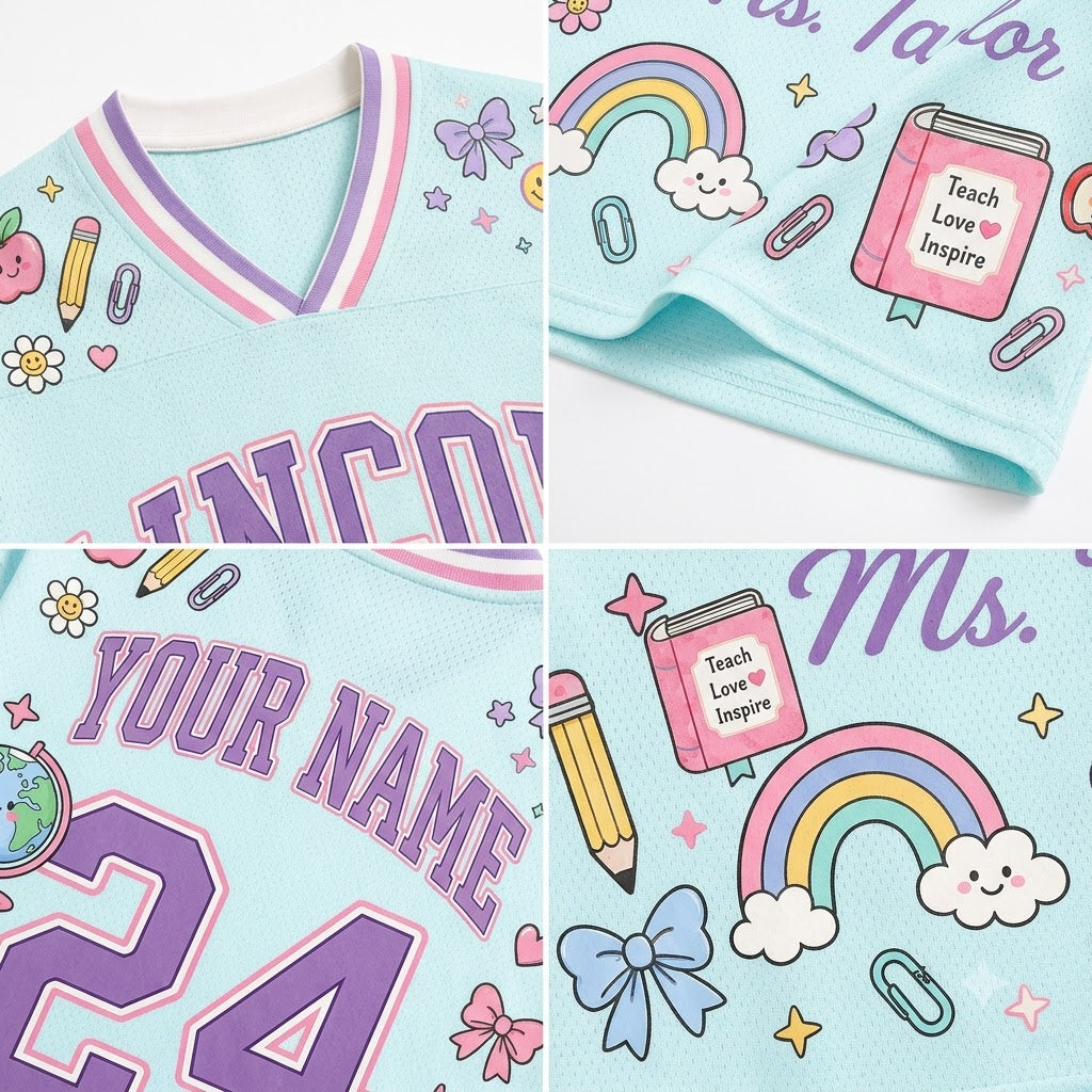 A light blue personalized sports jersey shown in a four-panel collage, featuring purple varsity-style lettering, a pink book graphic that reads 'Teach Love Inspire,' a rainbow, bows, stars, paperclips, and the text 'YOUR NAME' and '24.'.