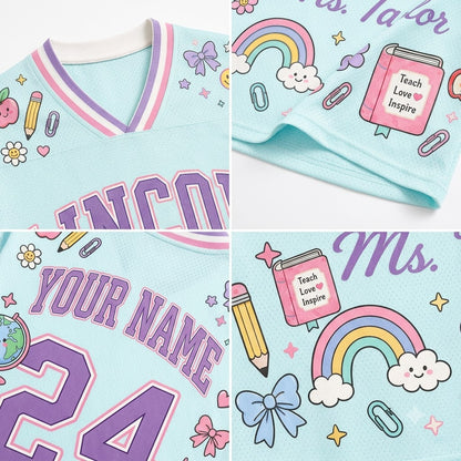 A light blue personalized sports jersey shown in a four-panel collage, featuring purple varsity-style lettering, a pink book graphic that reads 'Teach Love Inspire,' a rainbow, bows, stars, paperclips, and the text 'YOUR NAME' and '24.'.