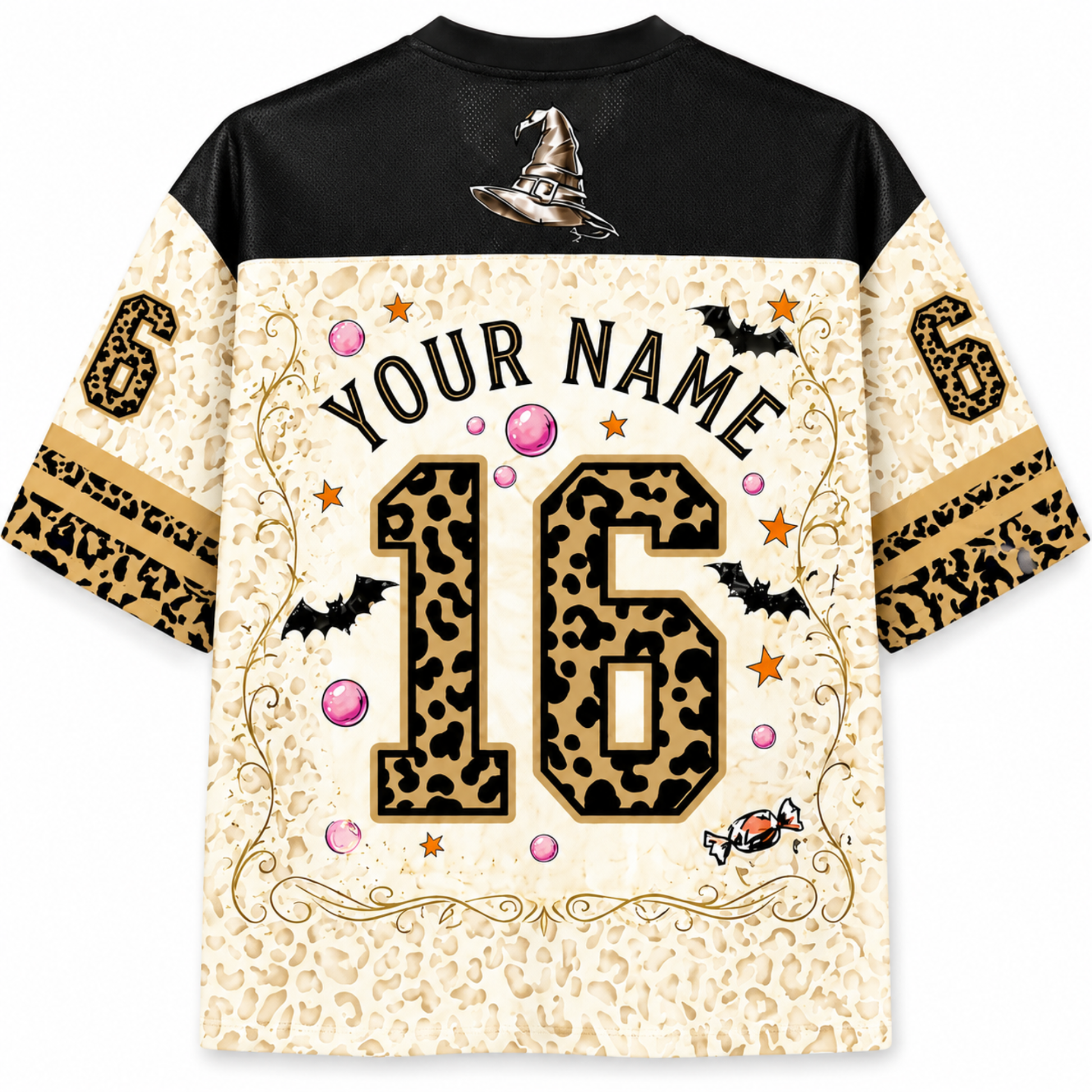 Personalized birthday jersey with leopard print number 16 and customizable text on a white background