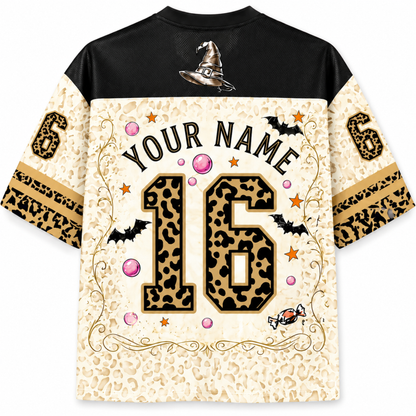 Personalized birthday jersey with leopard print number 16 and customizable text on a white background